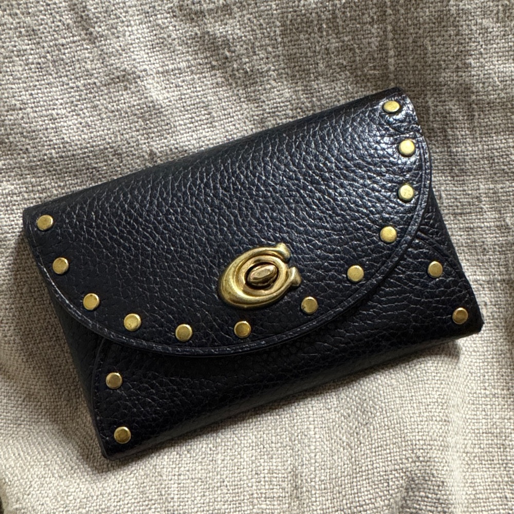Coach Black Studded Pebbled Leather Card Case
